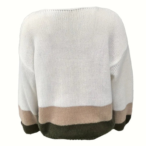 White sweater with brown and black accents on a white background
