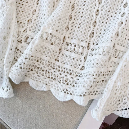 Juno Crochet Top from Shop the Kei - close up - scalloped hemline, crochet lace geometric pattern, and soft texture