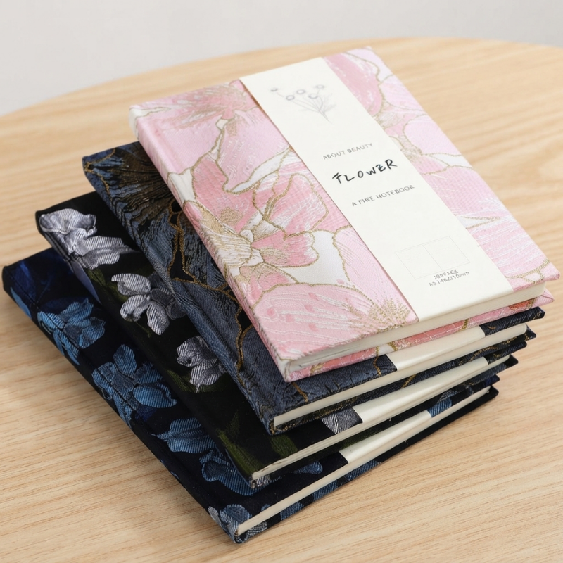 Stack of Sacred Travel Journals in Pink Quartz, Onyx, Kyanite, and Lapis Lazuli with embroidered floral covers