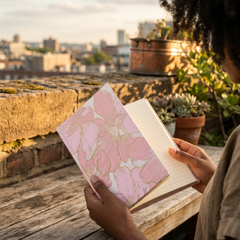 A person on a rooftop at sunset holds an open notebook with a pink floral cover and lined pages. The background shows a city skyline, potted plants, and a rustic wooden ledge.
