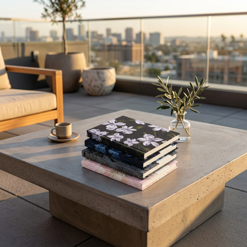 A stack of decorative books or journals sits on a concrete outdoor coffee table on a rooftop terrace. The top book has a black background with white floral pattern, and the stack includes blue, gray, and pink patterned covers.