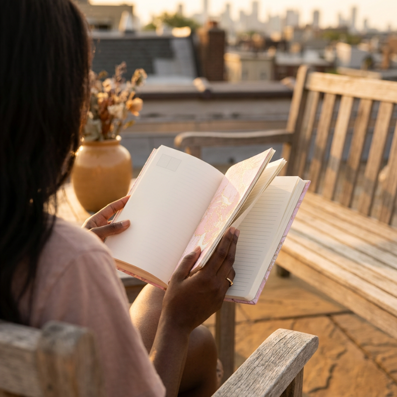 A person sitting on a wooden bench on a rooftop at sunset, holding and reading an open notebook or journal. The background shows a blurred city skyline, another bench, and a vase with dried flowers.