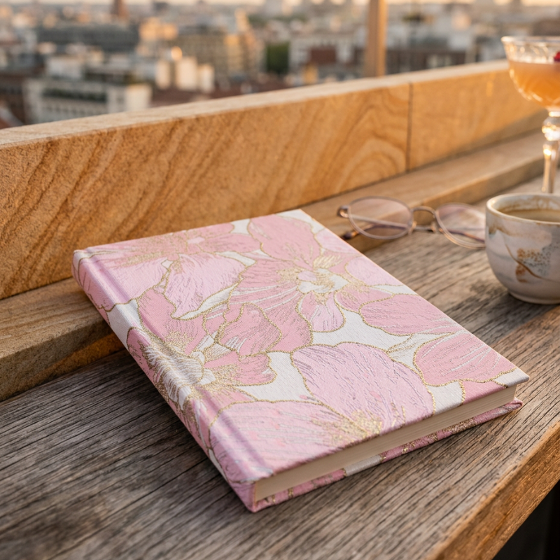 A hardcover journal with a pink floral pattern and gold foil accents, resting on a wooden balcony table next to a glass of wine and eyeglasses, with a blurred cityscape in the background.