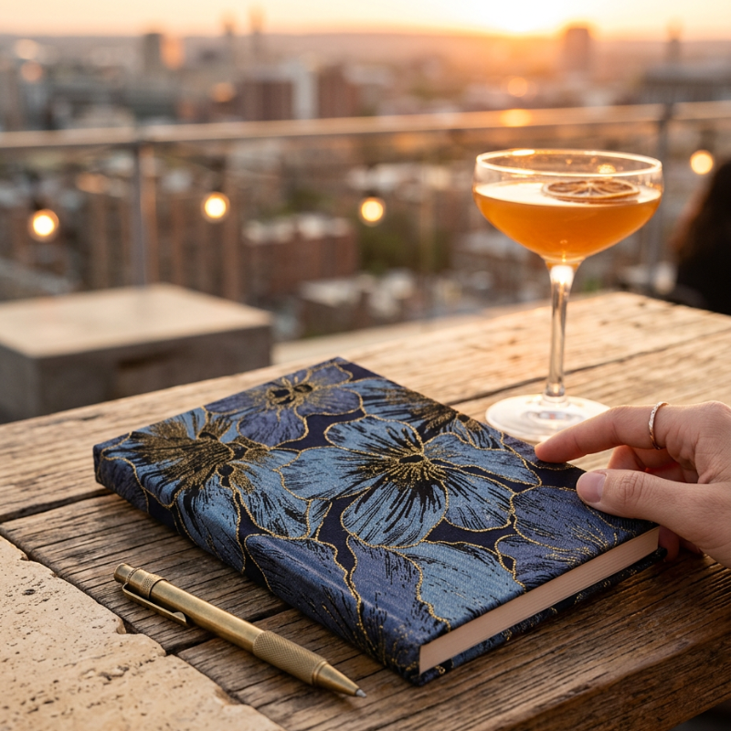 A close-up of a hand resting on a dark blue floral hardcover notebook with gold foil detailing, set on a rustic wooden table next to a gold pen and a filled coupe glass, with a blurred city skyline at sunset in the background.