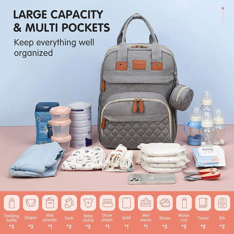 Gray Lotus 3-in-1 Bassinet Diaper Bag backpack large capacity shows how much can be easily stored in the bag. Includes formula, baby food containers, bottles, diapers, clothing, electronic devices wipes, and utensils