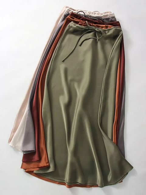 Bela Satin Maxi Skirt from Shop the Kei - full length view - available in rich earth tones: ivory, white, gray, dark red, orange, and green
