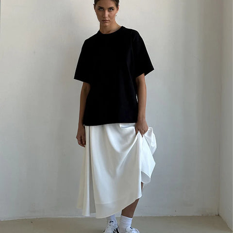 Amber Satin Maxi Skirt from Shop the Kei - flowing satin maxi skirt with high waist and flare hem. Pairs well with a tee shirt. Casual luxury style long skirt.