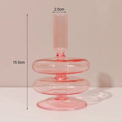 Roma Glass candlestick holder by Shop the Kei home treasure collection in clear pink. 2-Disk shape with slope base modern-style blown glass candlestick holder dimensions 2.5cm X 15.5cm