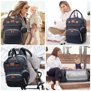 Dark Blue Lotus 3-in-1 Bassinet Diaper Bag backpack with orange leather accents, in use at family gatherings, getting packed, and traveling on a stroller.
