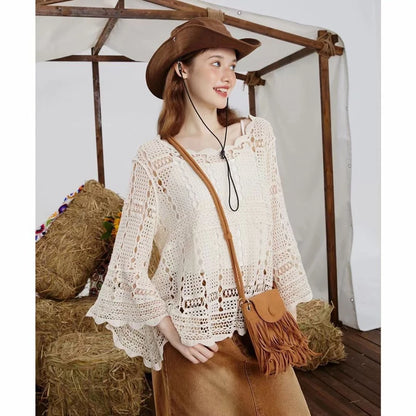 Juno Crochet Top from Shop the Kei - loose fitting crochet top with long sleeves and pretty scalloped edge. Vintage style pairs well with denim and caramel colored accessories