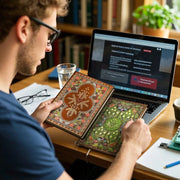 Person holding a decorative book in front of a laptop on a desk with books and a plant in the background