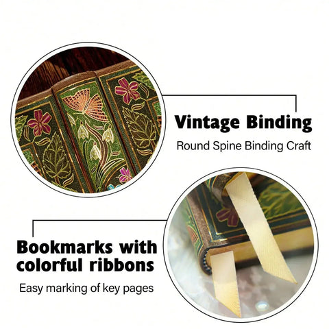 Vintage book with decorative binding and bookmarks, highlighting special details.