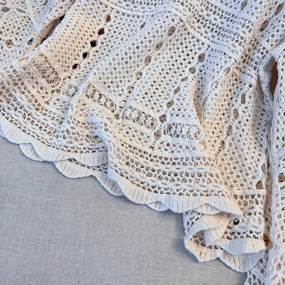 Juno Crochet Top from Shop the Kei - close up - scalloped hemline, crochet lace geometric pattern, drape, and soft texture