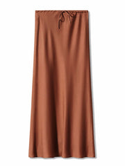 Bela Satin Maxi Skirt from Shop the Kei - a rich orange-brown color we named Bronze