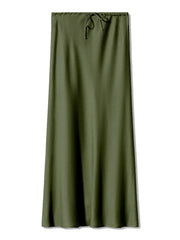Bela Satin Maxi Skirt from Shop the Kei - an earthy olive color we named Kale