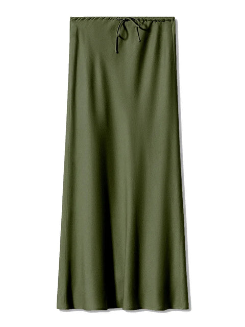 Bela Satin Maxi Skirt from Shop the Kei - an earthy olive color we named Kale