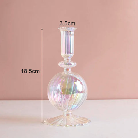 Roma Glass candlestick holder by Shop the Kei home treasure collection in clear iridescent. Flute top 1-saucer and bubble shape with scallop base modern-style blown glass candlestick holder dimensions 3.5cm X 18.5cm