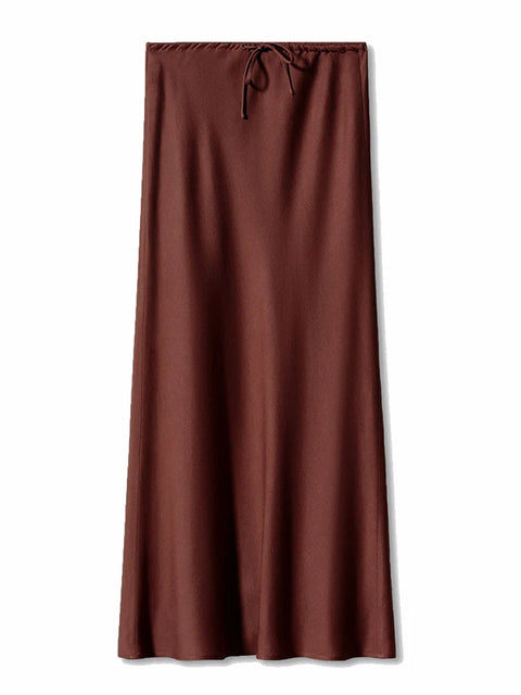 Bela Satin Maxi Skirt from Shop the Kei - a rich, classic brown chocolate color option