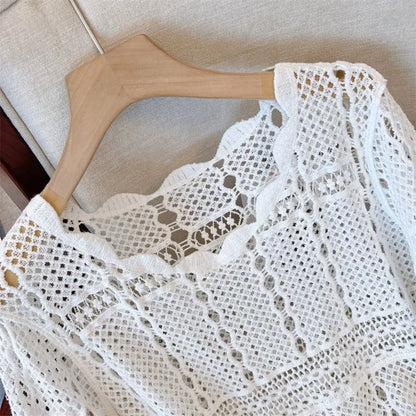 Juno Crochet Top from Shop the Kei - close up - scalloped neckline, crochet lace geometric pattern, and soft texture