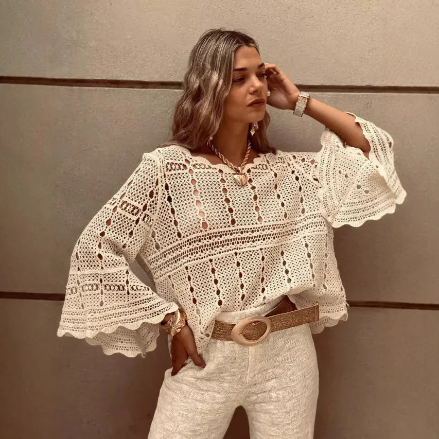 Juno Crochet Top from Shop the Kei - loose fitting crochet top with long sleeves and pretty scalloped edge is rich look for vacation. Pairs well with white pants