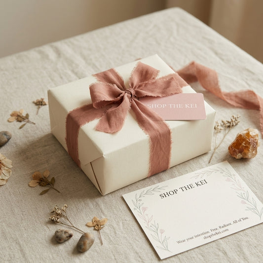 A cream-colored gift box wrapped with a dusty rose satin ribbon and bow, placed on a textured beige fabric surface with dried flowers, crystals, and a printed card reading 'SHOP THE KEI'.