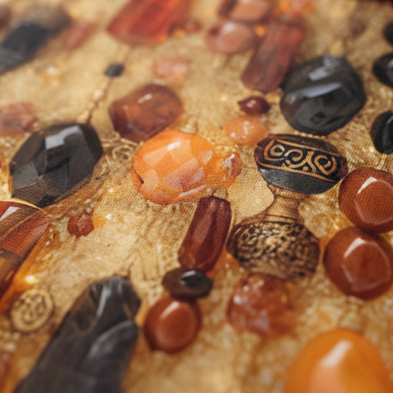 Close-up of Fire spandex fabric with an assortment of polished gemstones and decorative motifs in amber, orange, brown, black, and gold tones — Solara fabric swatch, shared across the Solara line