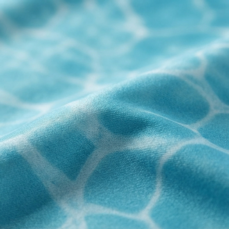 Close-up of light blue Cenote spandex fabric with a white water-ripple pattern — Solara fabric swatch, shared across the Solara line