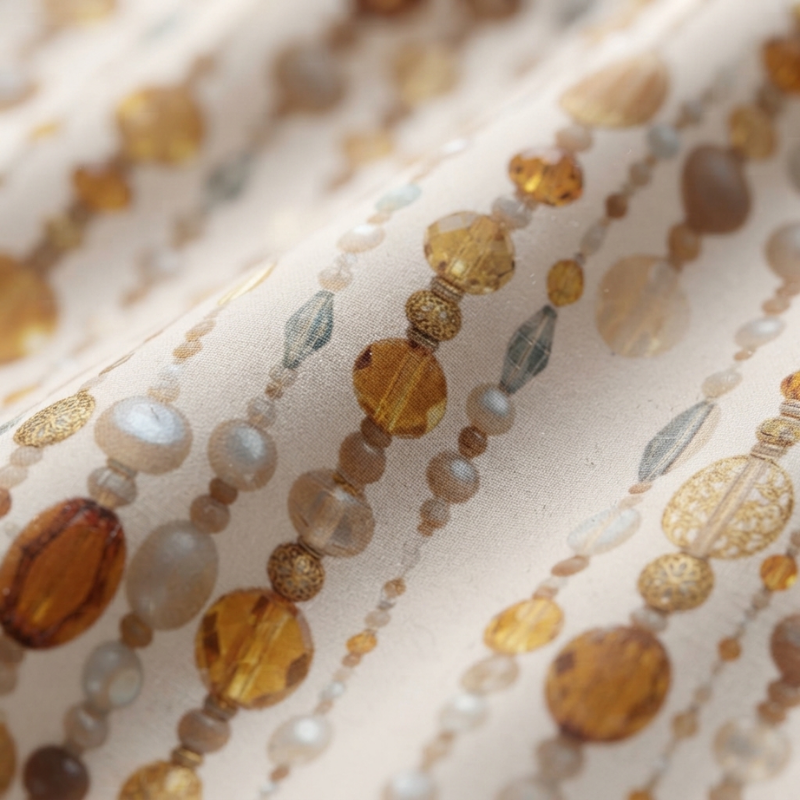 Close-up of White Onyx spandex fabric with vertical strands of faceted and round beads in amber, gold, beige, and pale blue — Solara fabric swatch, shared across the Solara line