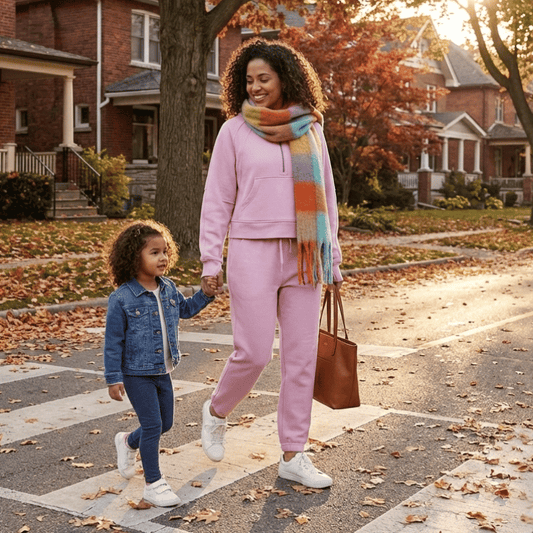 Woman and child walking together on a sidewalk with autumn leaves and houses in the background. She wears Cheerful Plaid
