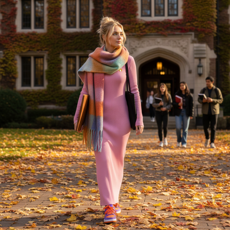 Woman in a pink outfit with a colorful scarf walking on a leaf-covered path in front of a brick building. She wears Cheerful Plaid