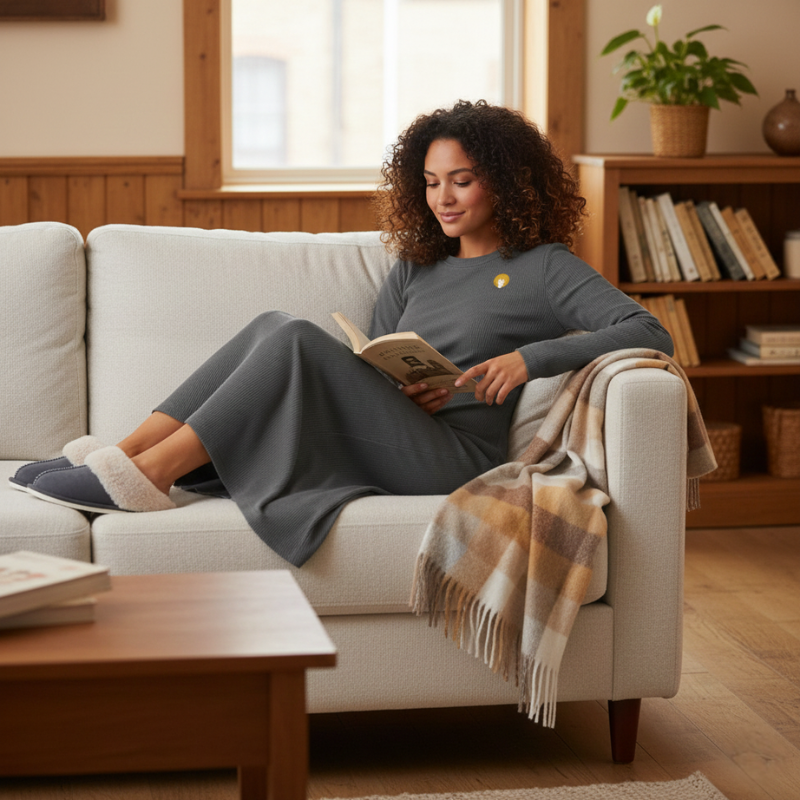 Woman reading a book on a couch in a cozy living room. Desert Plaid featured