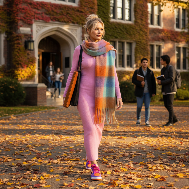 Woman in a pink outfit with a colorful scarf walking on a college campus path. She wears Cheerful Plaid