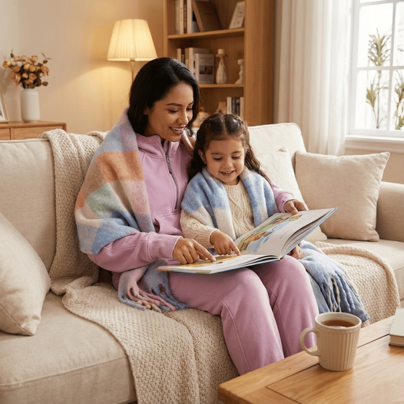 Woman and child reading a book together on a couch in a cozy living room.