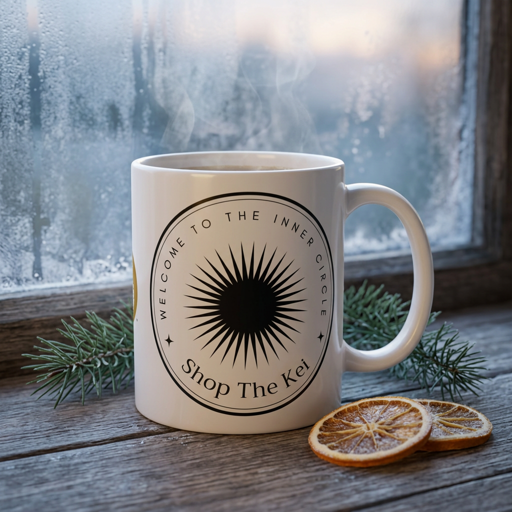 Steaming Inner Circle Mug on a wooden windowsill by a frosted winter window, with pine sprigs and dried orange slices