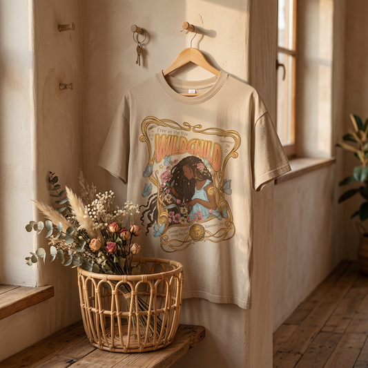 Wild Child T-Shirt in Sand on a wooden hanger against a warm plaster wall beside a basket of dried flowers