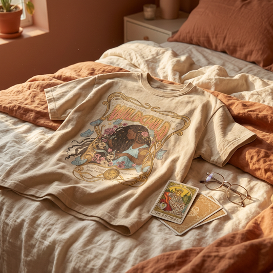 Wild Child T-Shirt in Sand on an unmade linen bed with tarot cards and reading glasses