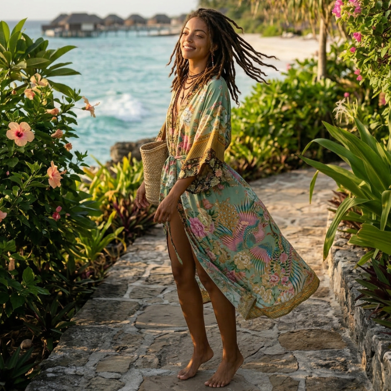 Woman in a floral Nyma Kimono by Shop the Kei standing barefoot on a stone path with ocean and tropical plants in the background