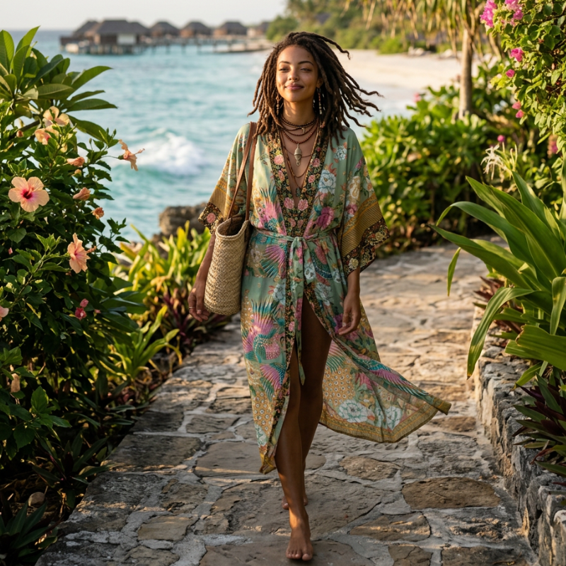 Woman in a floral Nyma Kimono by Shop the Kei walking barefoot along a stone path by the ocean.