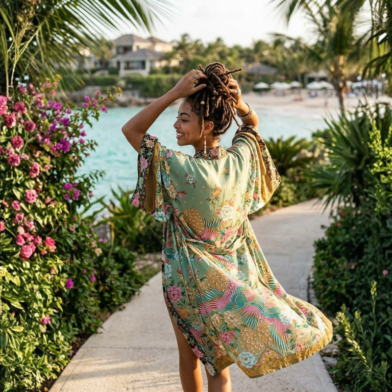 Back view of a woman in a floral Nyma Kimono by Shop the Kei standing on a path with flowers and water in the background
