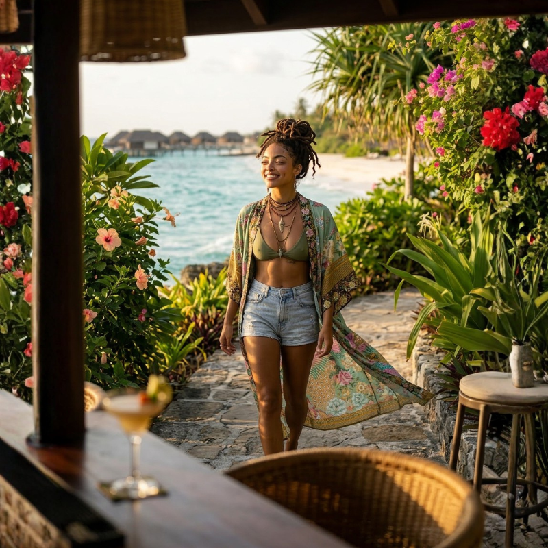 Woman casually dressed in the floral Nyma Kimono by Shop the Kei, a bikini top, and denim shorts is walking along a path by a tropical beach with flowers and a bar setting.