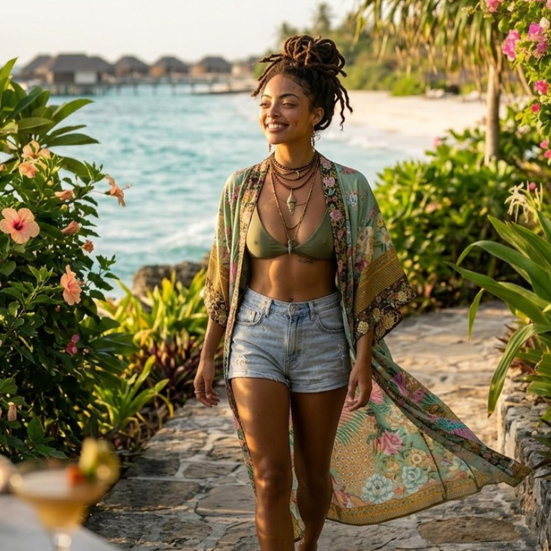 Woman wearing the floral Nyma Kimono by Shop the Kei walking along a path by the ocean with flowers and greenery around her.