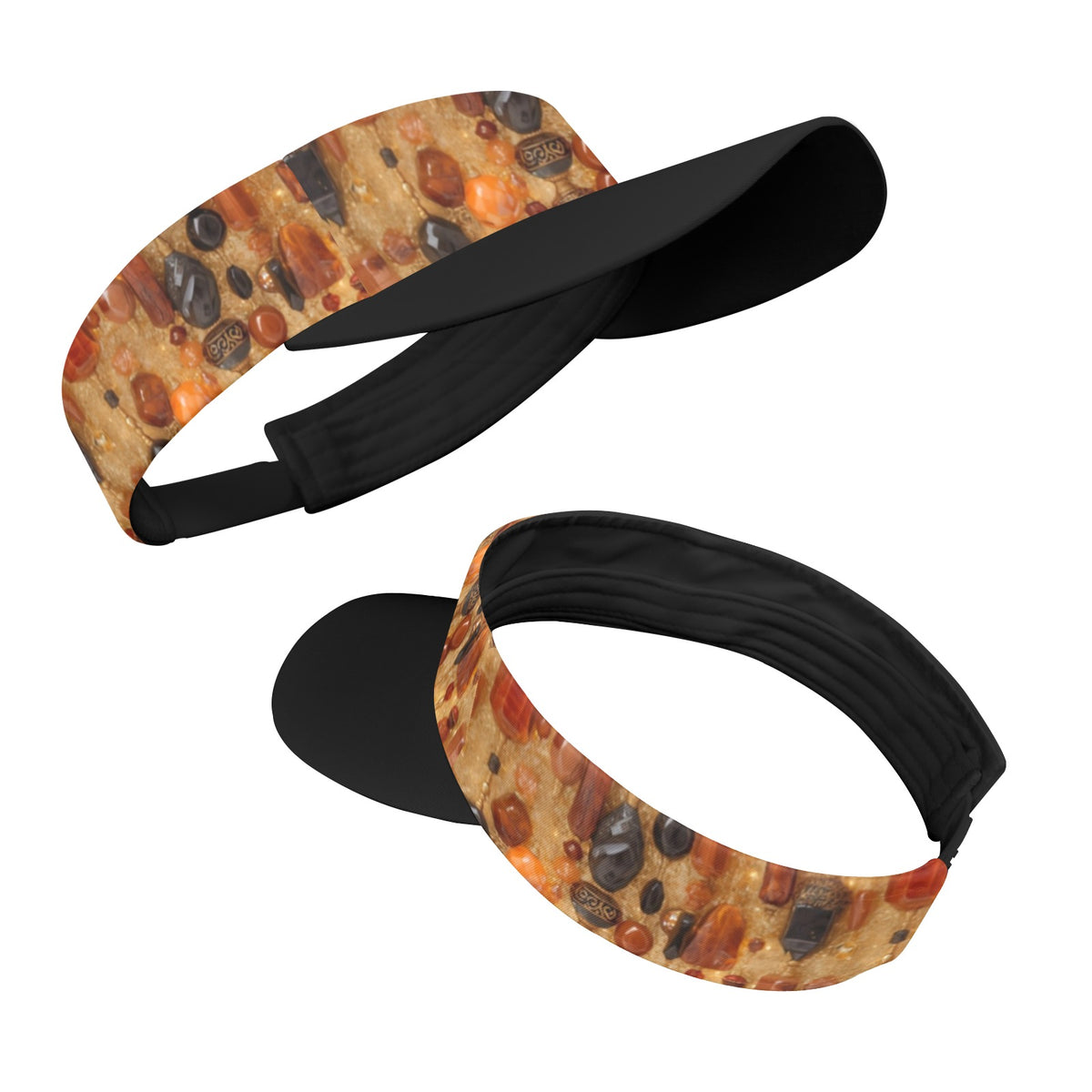 Two black visor-style headbands with a printed pizza topping pattern on the front band, shown on a plain white background.