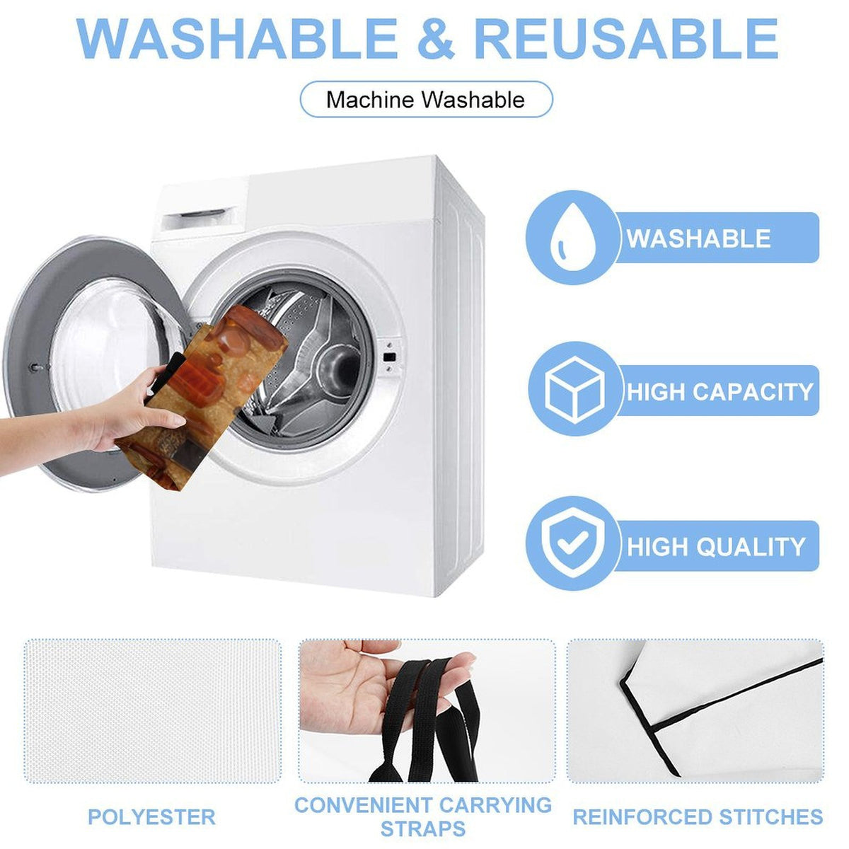 A white front-loading washing machine shown on a light gray background with marketing text and icons. A hand is pulling the open door, and a brown garment is partially visible.