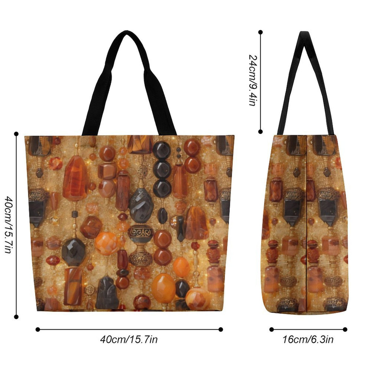 A tote bag with black handles and a detailed print of hanging amber lanterns and gemstones on a textured gold background, shown from both front and side views with dimension lines and labels.