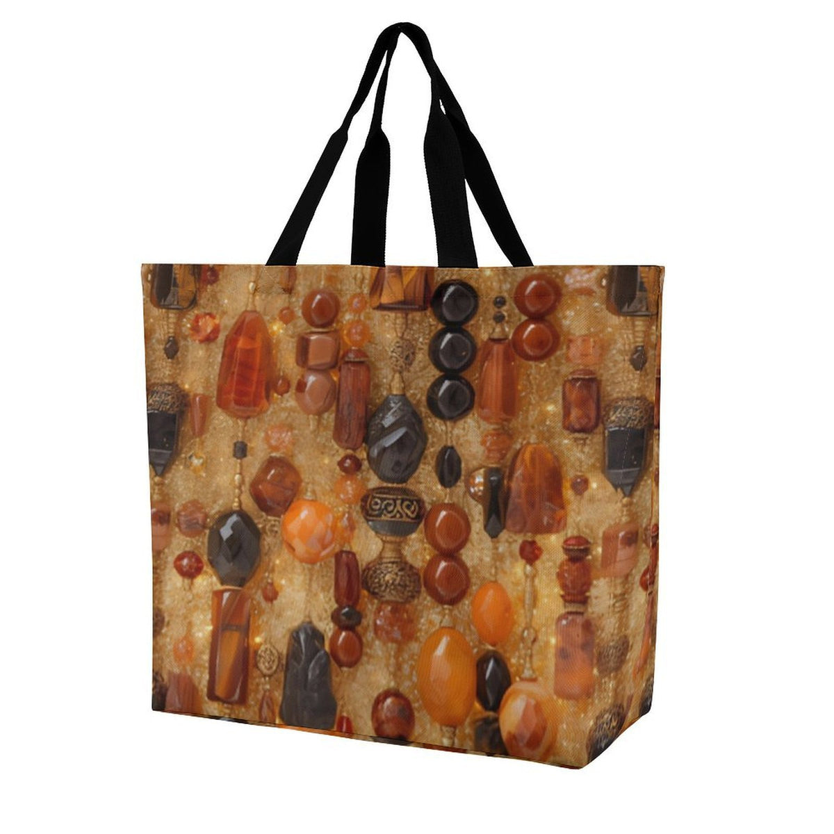 A tote bag featuring an all-over print of amber and brown gemstones and decorative bottles on a textured gold background, complete with black shoulder straps, shown on a plain white background.