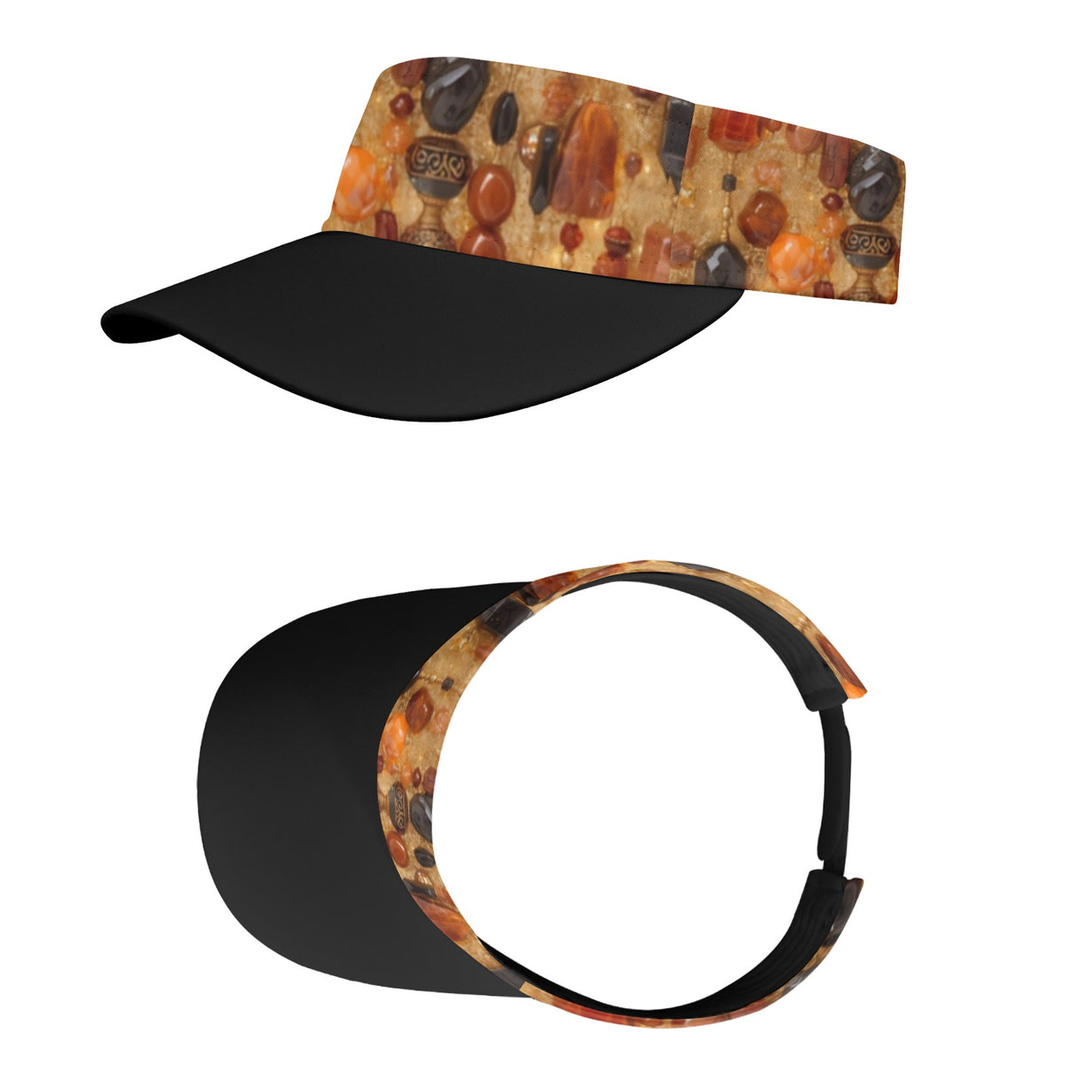 Two views of a visor-style sun hat on a plain white background: one showing the front with a black brim and a patterned crown, and one showing the side profile. The patterned section has warm earthy tones including orange, brown, beige, and black, resembling a textured print.