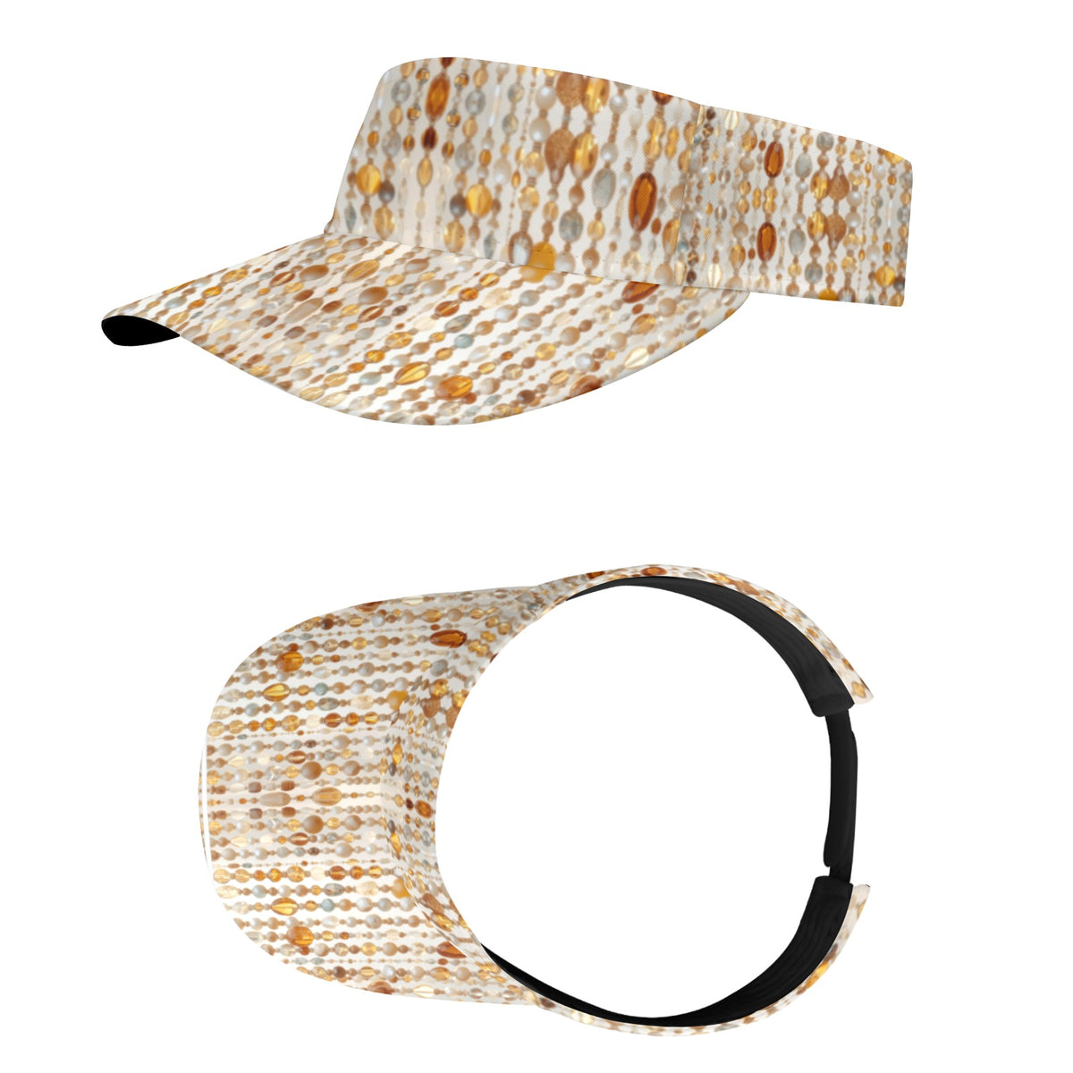 Two views of a visor hat with a beige, white, and brown geometric pattern, shown on a plain white background.