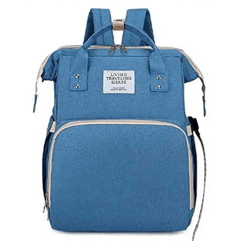 Blue Lotus 3-in-1 Bassinet Diaper Bag with   cream trim zippers, wide backpack straps, and multiple compartments for baby essentials. Partial canopy available
