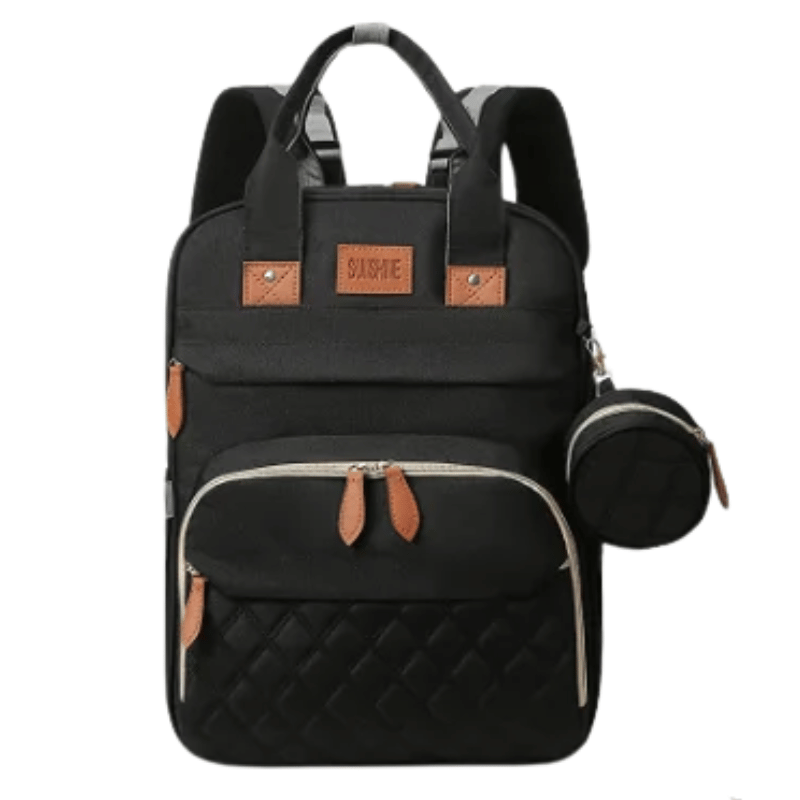 Black Lotus 3-in-1 Bassinet Diaper Bag backpack with orange leather accents, featuring quilted front pocket, dual carry handles, and small circular accessory pouch. Full canopy available