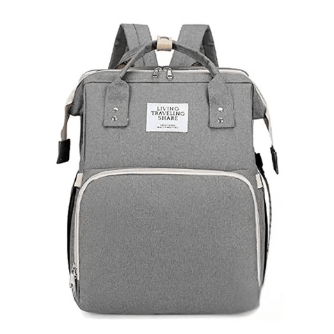 Gray Lotus 3-in-1 Bassinet Diaper Bag with   cream trim zippers, wide backpack straps, and multiple compartments for baby essentials. Partial canopy available